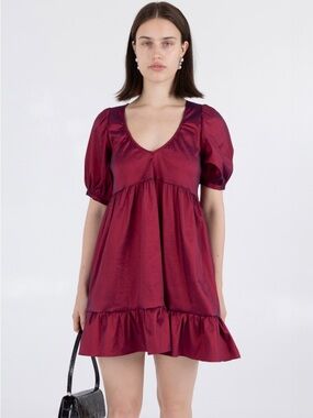 Color shifting color changing Burgundy Puff-Sleeve Casual Dress